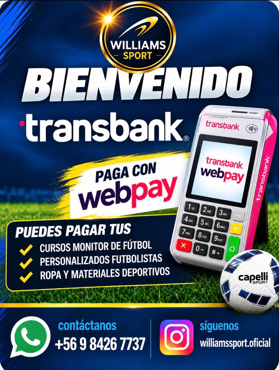 Muro de bienvenida de la sede con el mensaje paga con Transbank Webpay